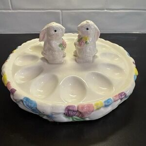 Spring Easter Ceramic Deviled Egg Platter With Bunny Salt And Pepper Shakers